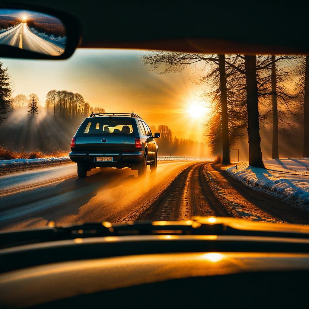 Road Trip at Sunset in Kinkade Style