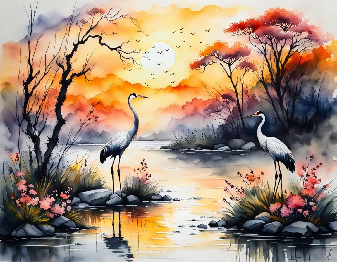 A creek, wet on wet, two cranes, on a stake, sunrise, sunshine  sunset, flower
elegant  high detail ...  by @AutumnBear