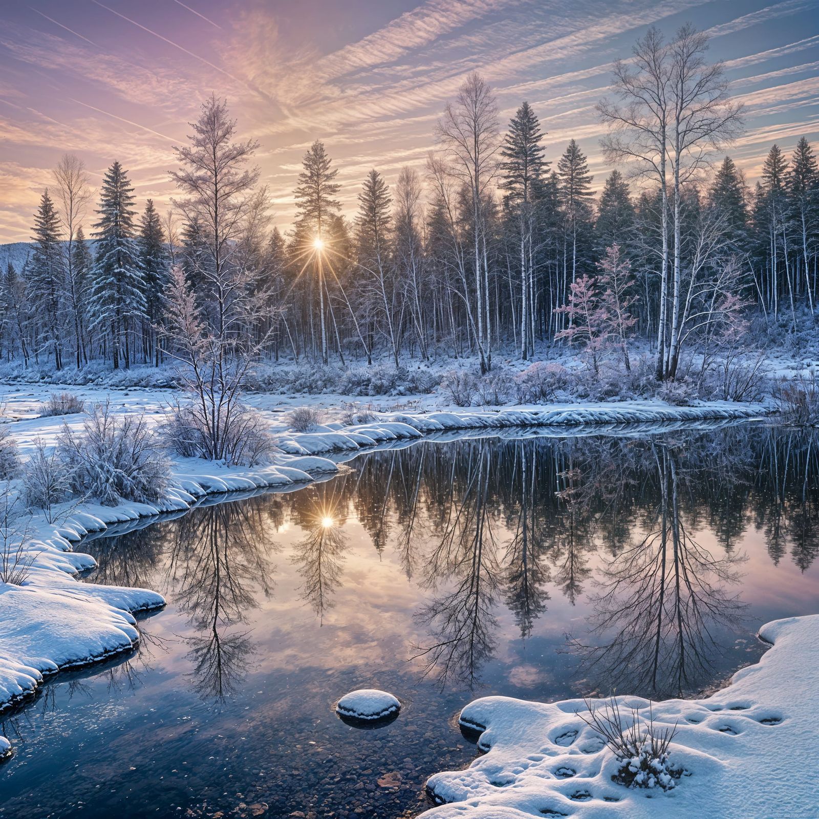 Winter Sunset Landscape with Frozen Lake