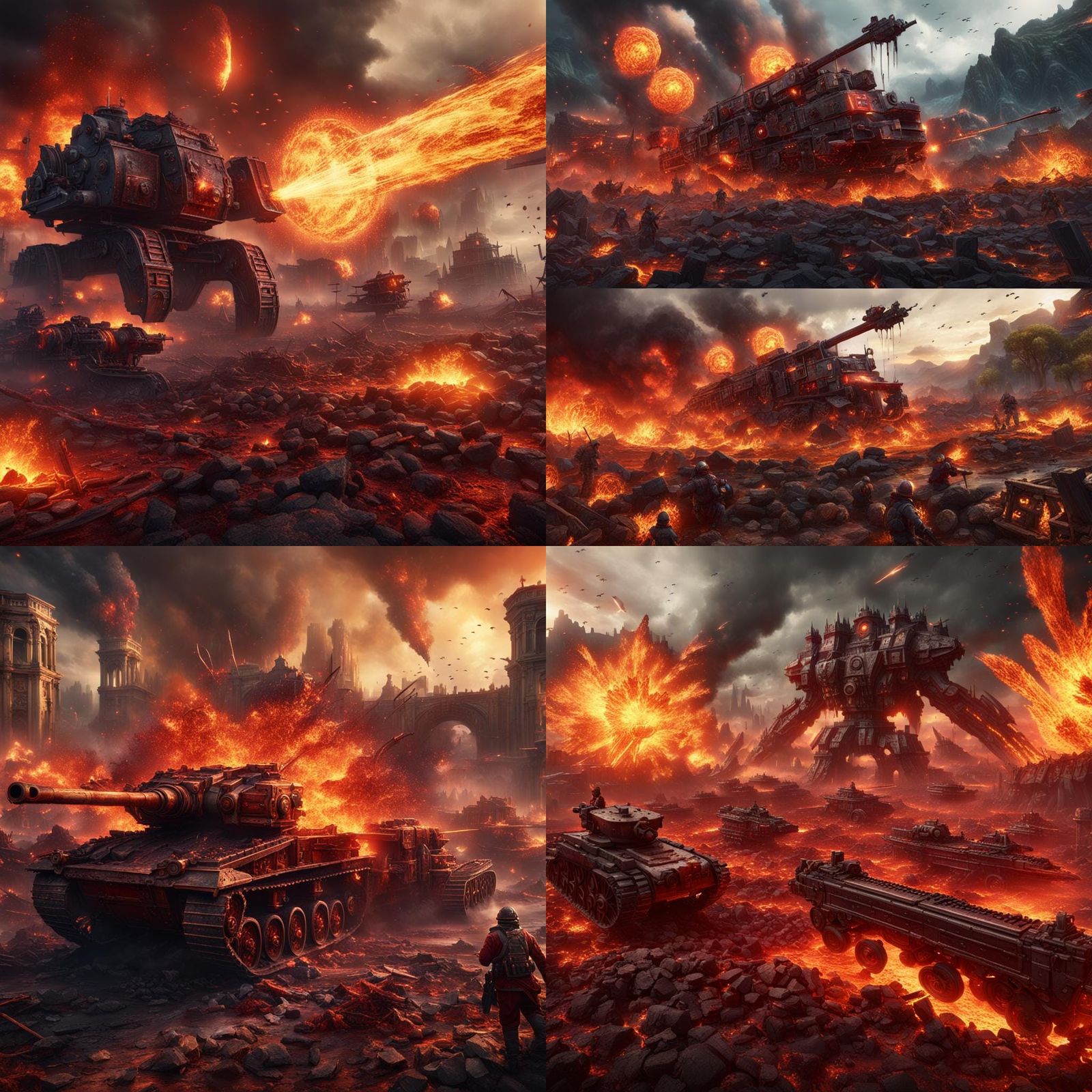 Machines slaughtering the battle field blood fire explosions
