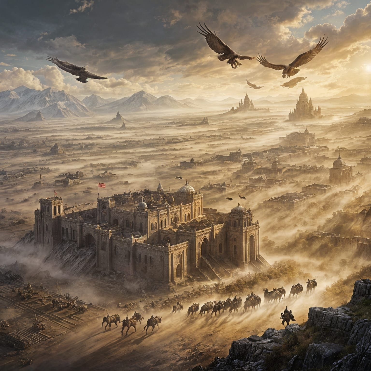 "Army on the March"
A view from above a vast plain, across which a vast army is moving. Thousands of ...  by @Likvi