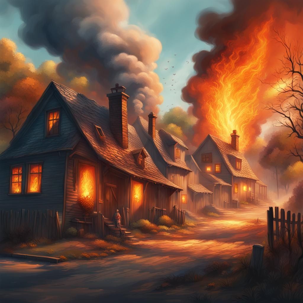 Haunted country side village with fires and smoke