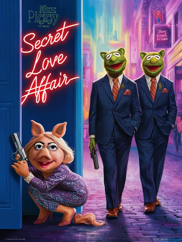 This whimsical movie poster shows Miss Piggy hiding behind a...