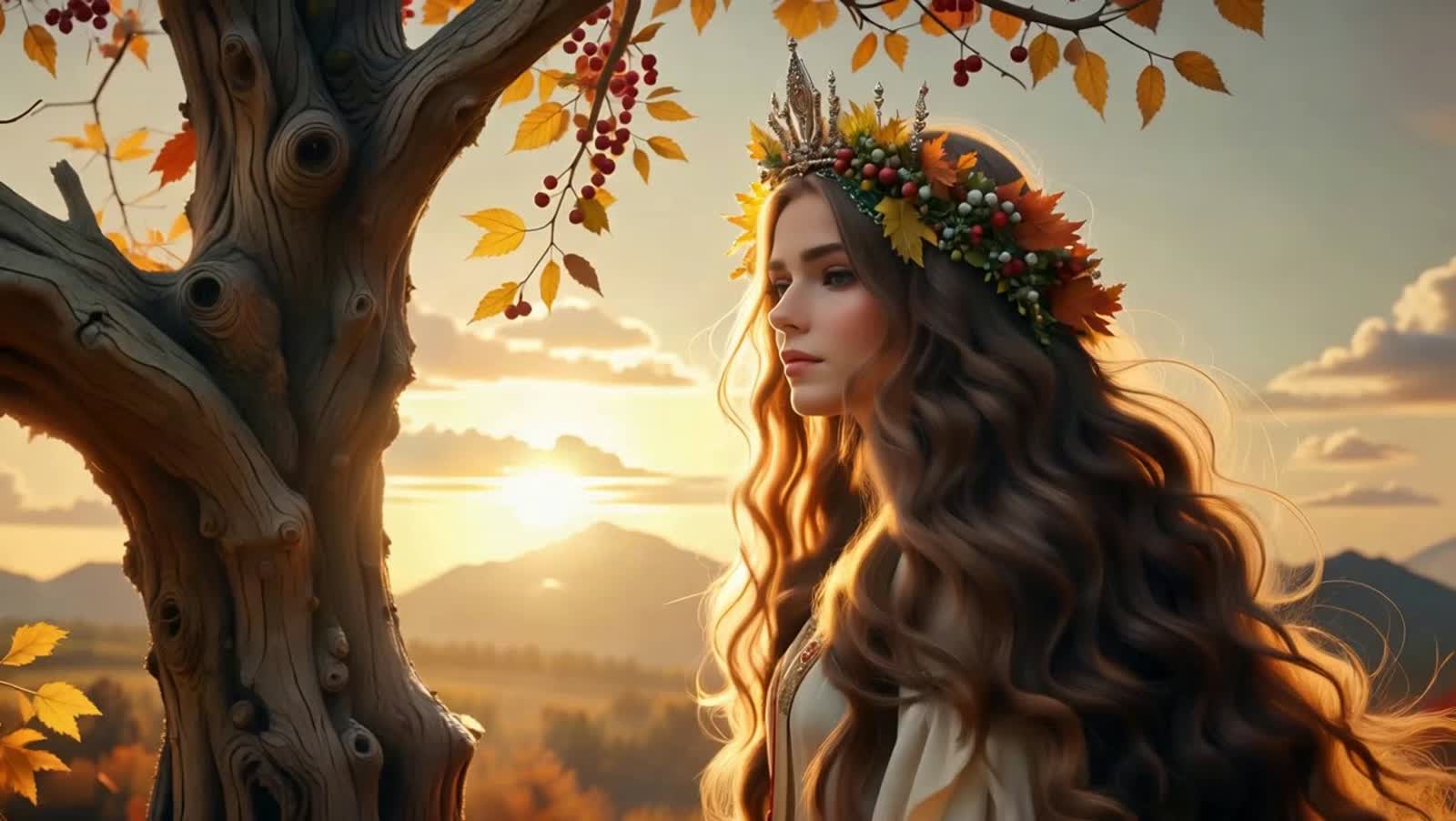 Eine mystische Frau mit wallendem kastanienbraunem Haar, die eine aus leuchtenden Herbstblättern und schimmernden Beeren...