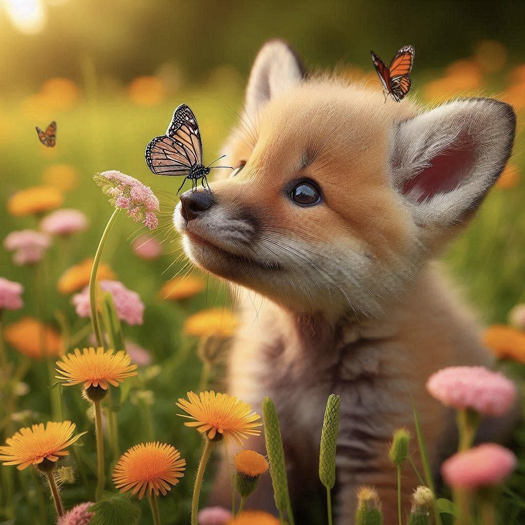 Baby fox and butterfly