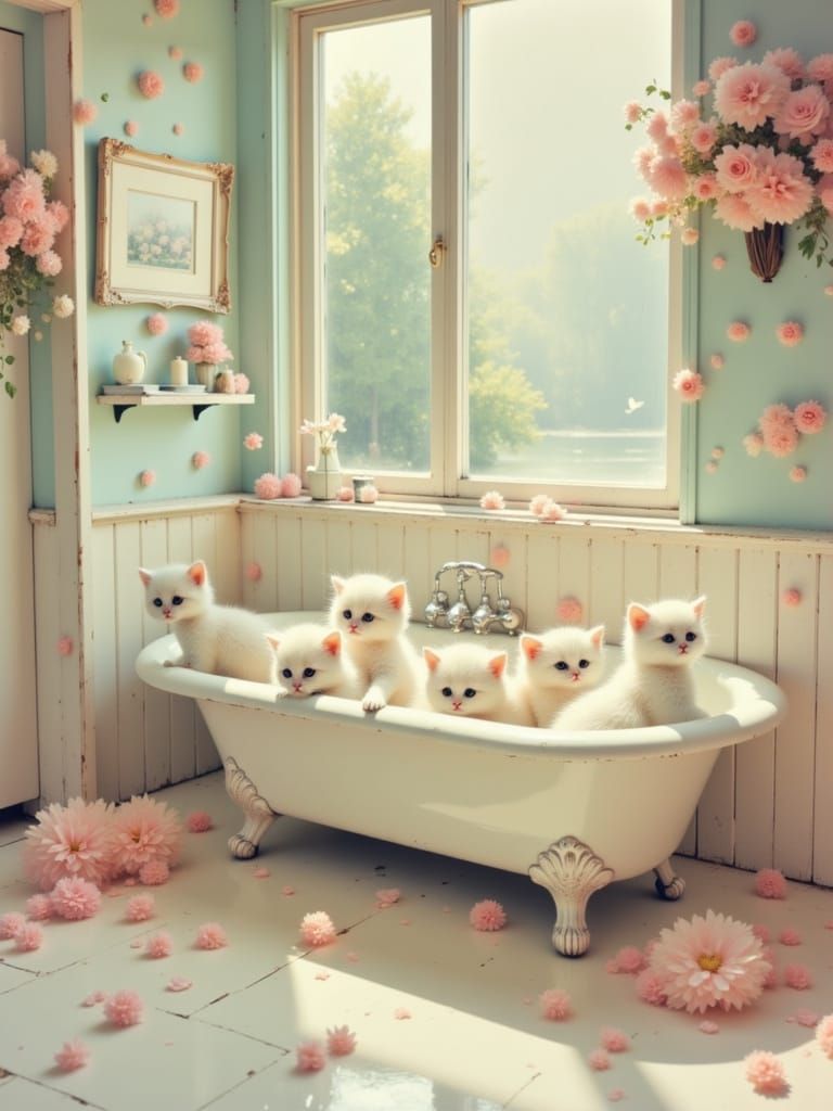 Fluffy Kittens Play in Shabby Chic Bathroom