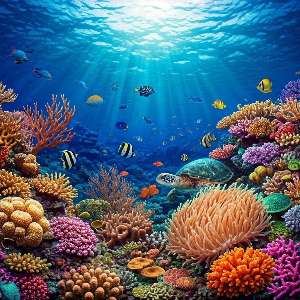 A vibrant coral reef teeming with fish, sea turtles, and glowing anemones.  by @Ethan Ikediashi