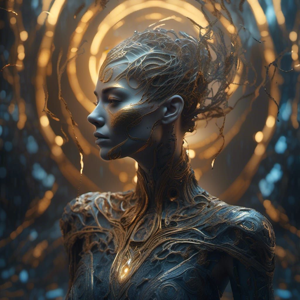 A bewitching figure stands in rapturous trance, face alight with arcane ...