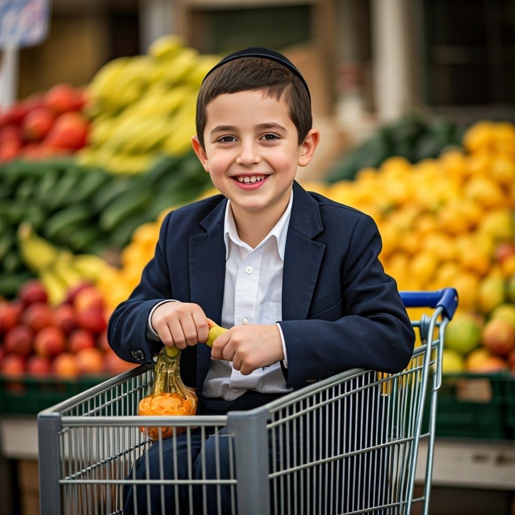 Happy Chassidic Boy Surrounded by Fresh Fruits and Vegetable...