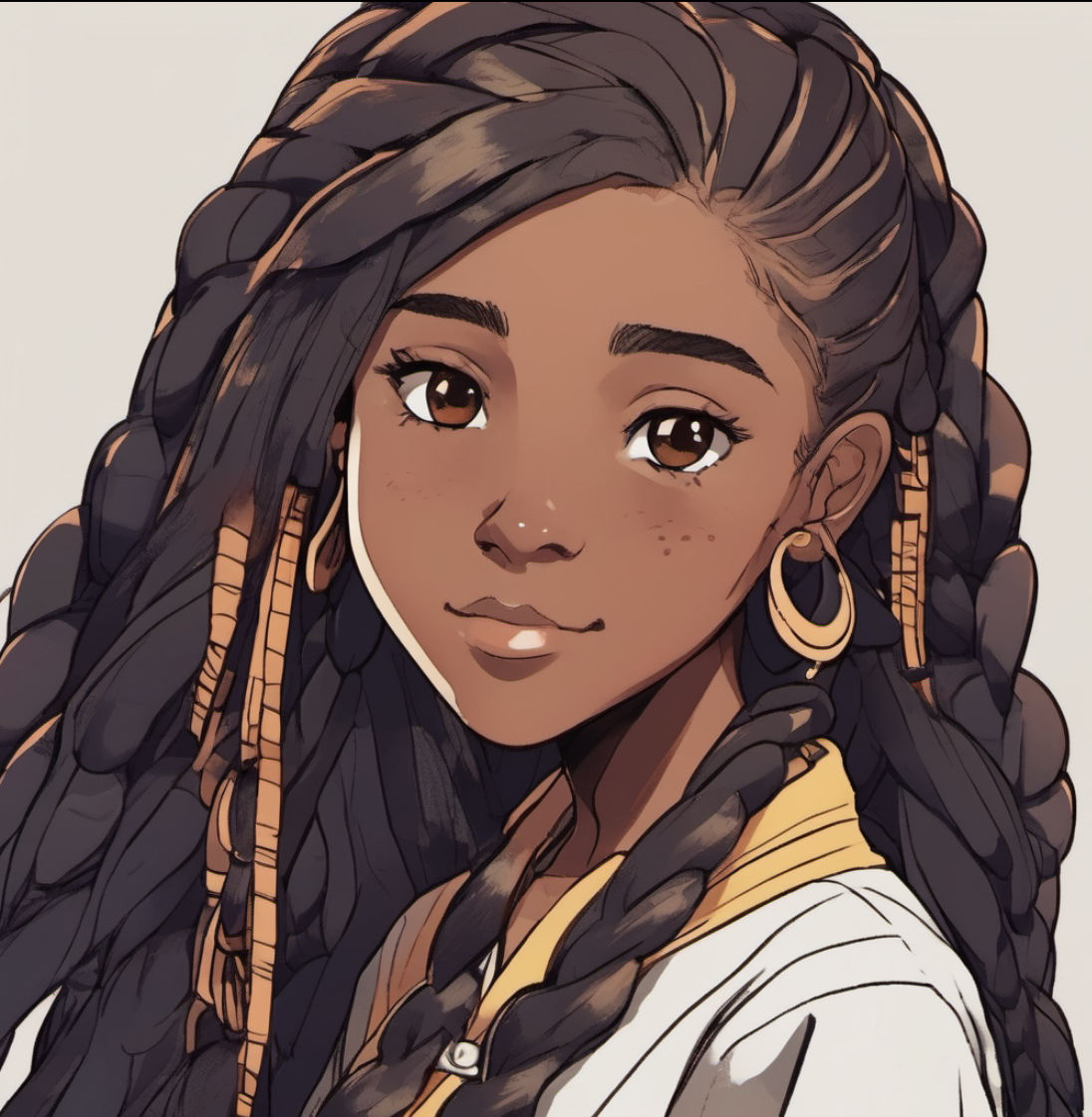 Anime teen girl, long braided brown hair, wearing gold earrings