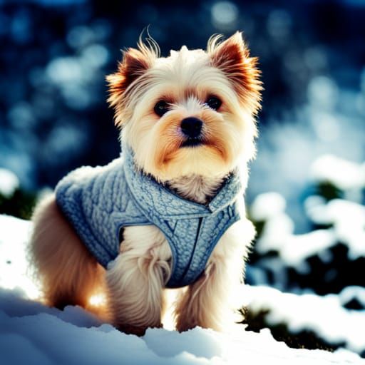 Cute fluffy dog in a coat in the snow.