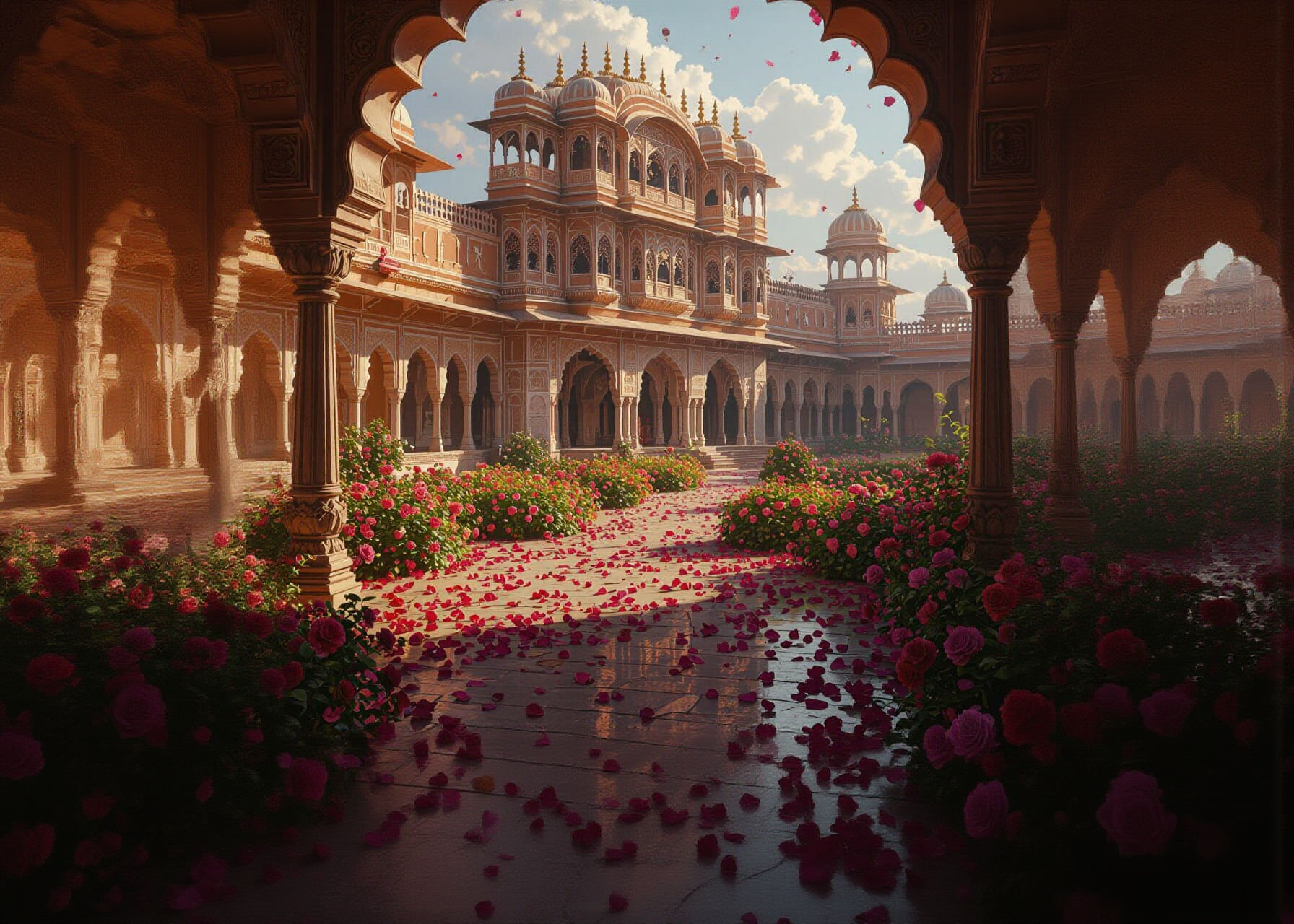 Palaca in jaipur which is decorated with flowers and petals all over the ground . Let it look grand the interior and palace exterior should ...