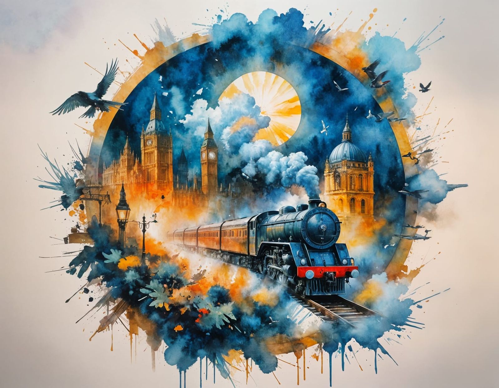 Futuristic London Train on Bridge - Bird's Eye View