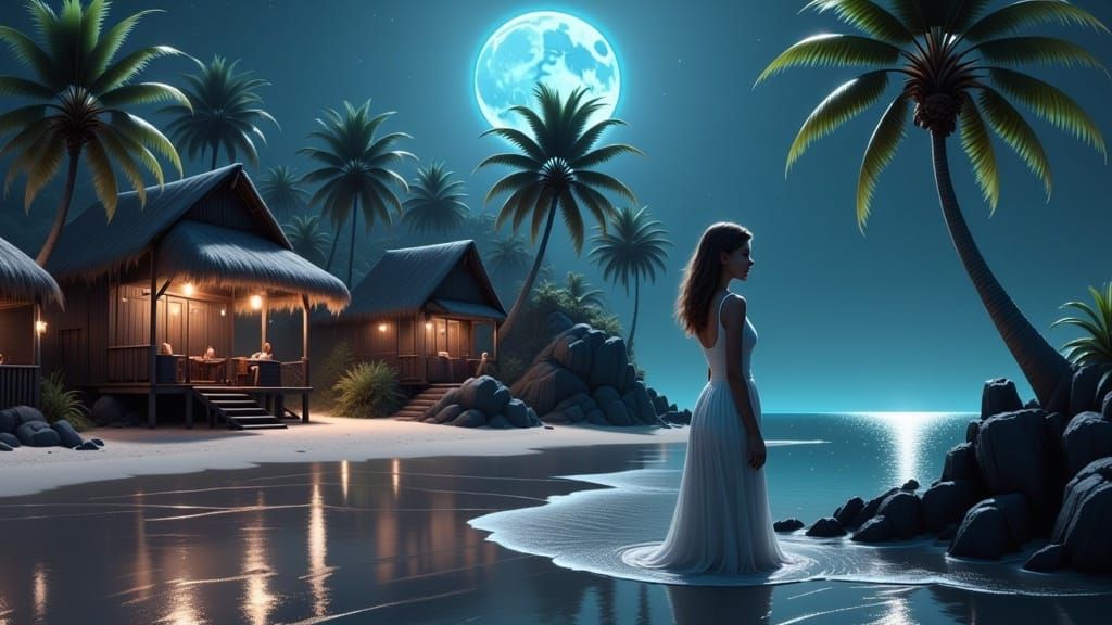 midnight at a peaceful village by the bay <lora:Tranquility:1.0> 