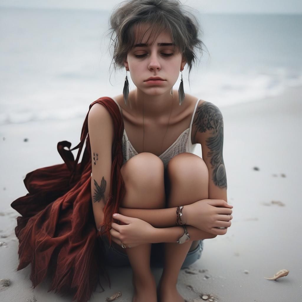A sad girl alone on the cold beach #02