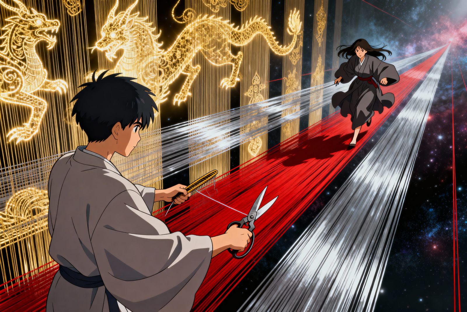 Anime Battle on Infinite Loom with Glowing Threads