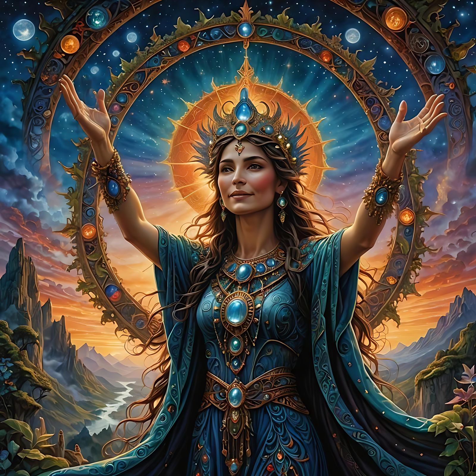 a stunningly beautiful pagan priestess raises her arms to greet the dawn, smiling, ecstatic