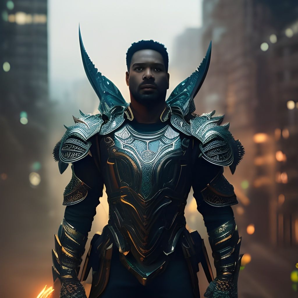 Insanely detailed face portrait photography of a majestic african-american man filigree armor, intricate ...  by @Shakaama