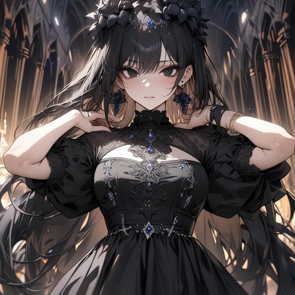 Anime Girl with Black Flower Crown and Crystal Earrings