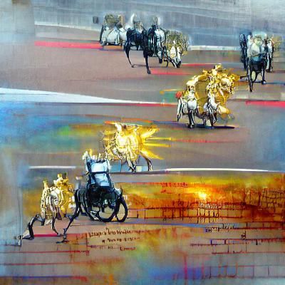 Roman chariots with horses heading for Buckingham Palace. 8k...
