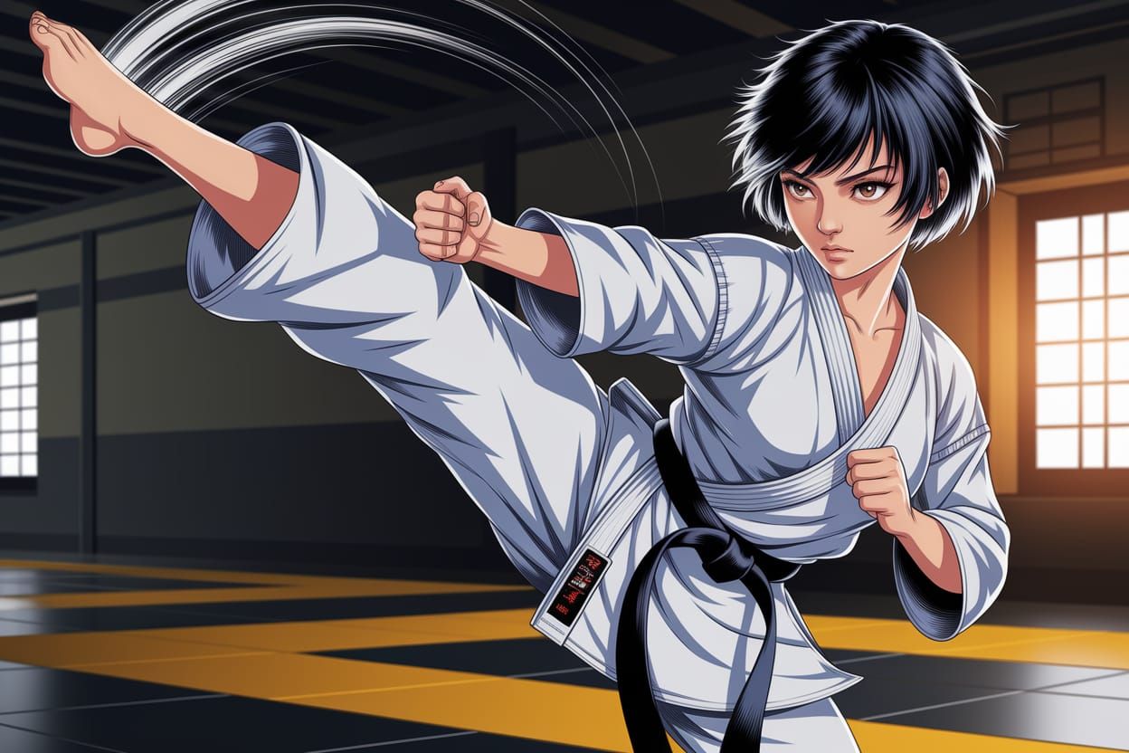 Anime Karateka Spinning Kick in Dojo