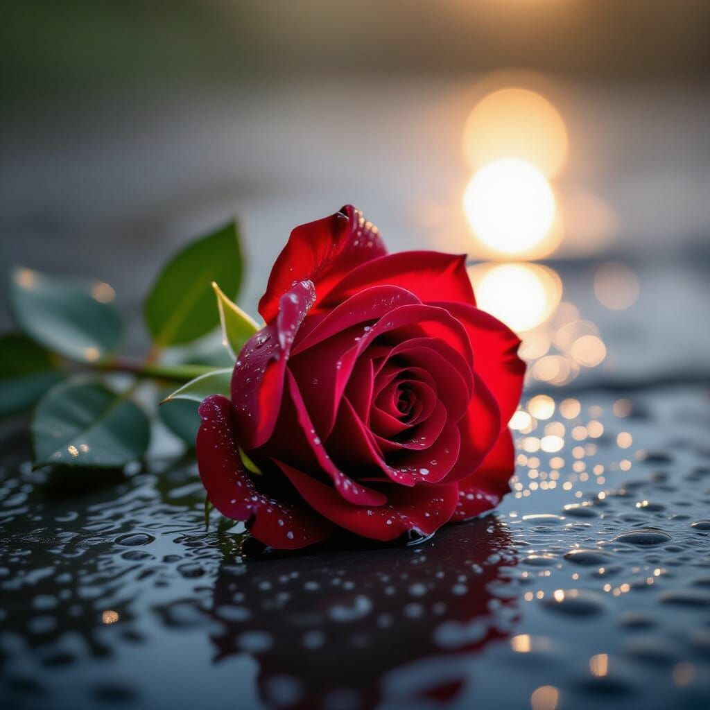 Single Red Rose with Dew Drops at Dawn
