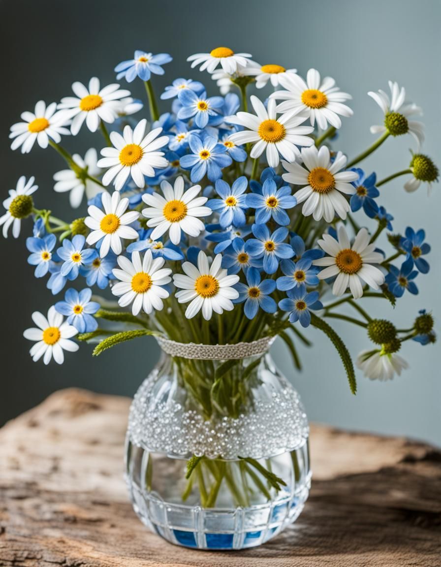 Bouquet of Alpine Forget-me-nots and white daisies, in a cut crystal ...