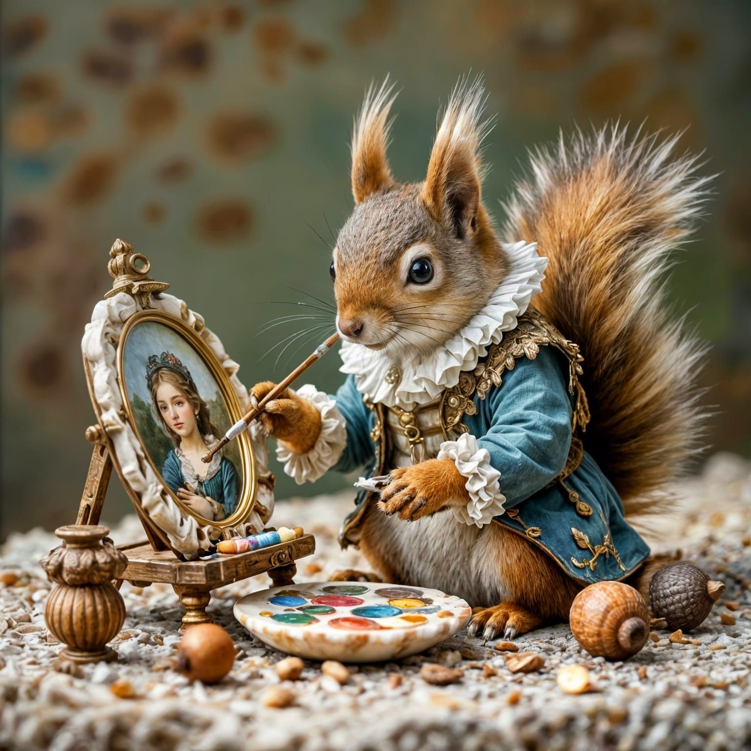 A fluffy squirrel meticulously paints a miniature portrait  by @Harmanna