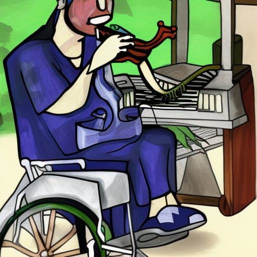 Man in a wheelchair making music with a frog and a bat, intr...