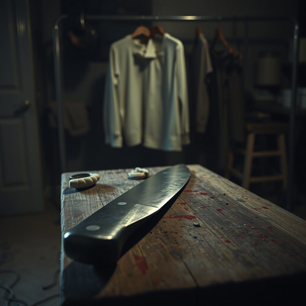 Eerie Kitchen Scene with Knife and Bloodstained Shirts
