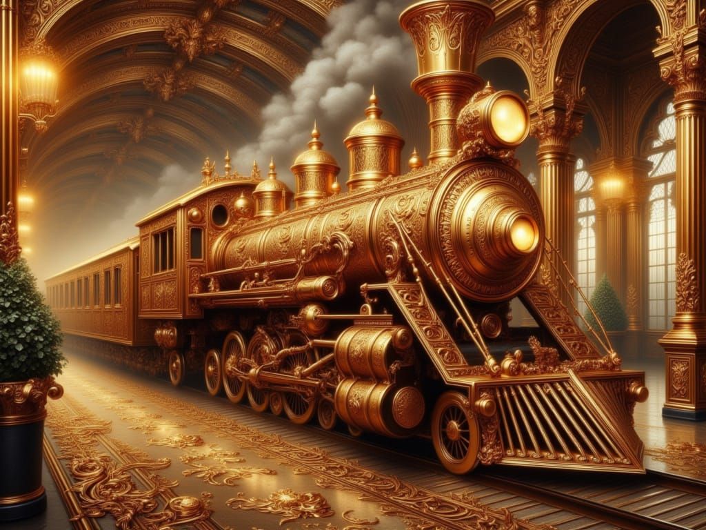 <lora:FiosGoldOpulence:1.0> Luxurious gold steam train