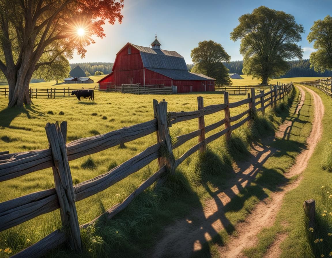 Farm field, red barn