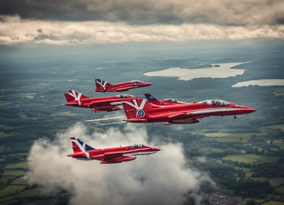 a Red Arrows plane passes between two other Red Arrows planes, in a ...