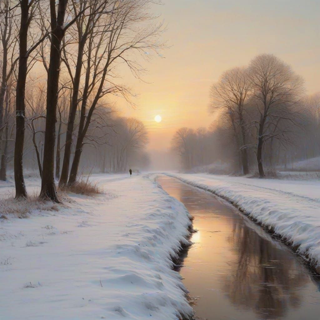 little rivers between the fields covered by snow in the wint...