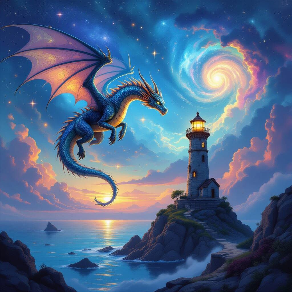 Concept art style. A majestic dragon soaring through a sky filled with swirling nebulae and distant galaxies. The dragon's scales shimmer wi...