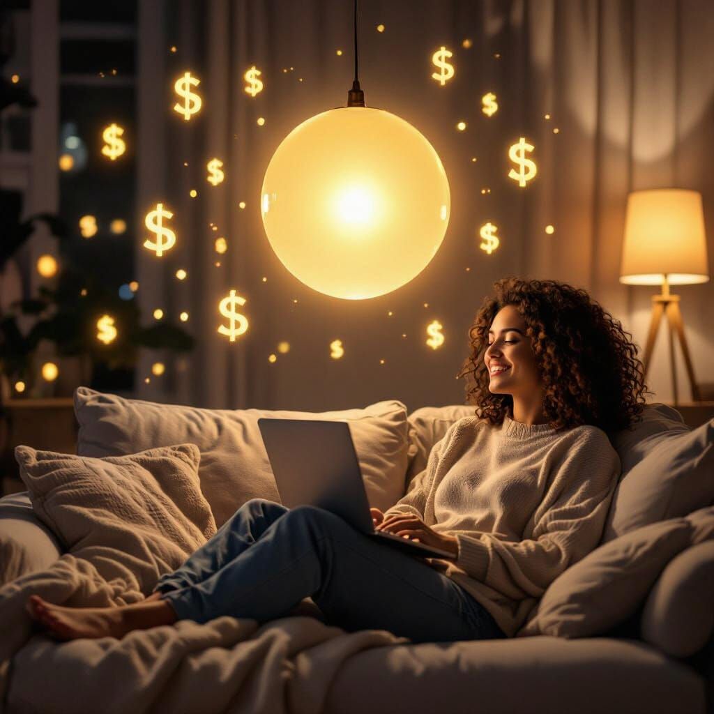 Cozy Scene of Person Working on Laptop with Money Symbols