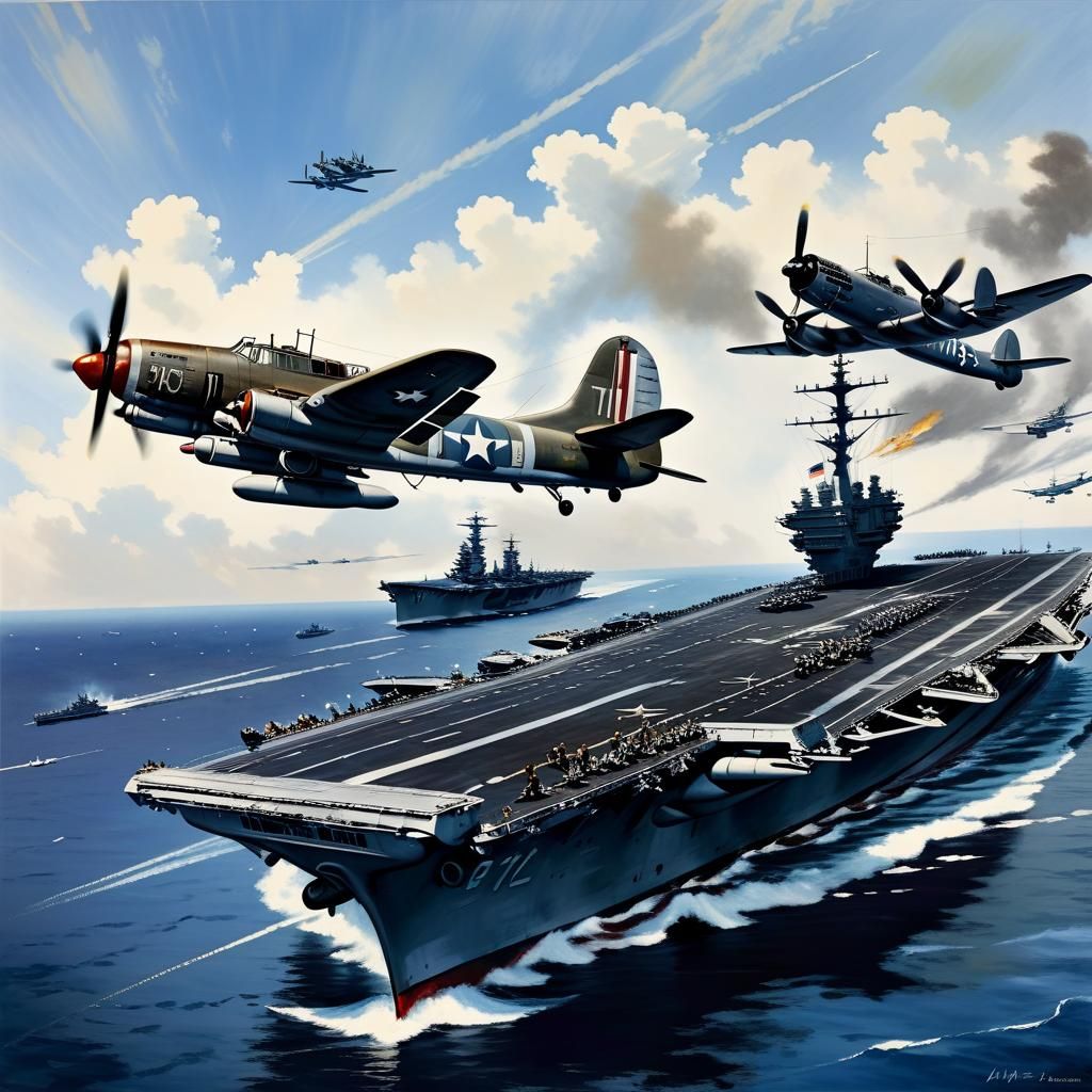 A painting of a scene during WWII of a plane landing on an aircraft carrier , aviation art, Epic