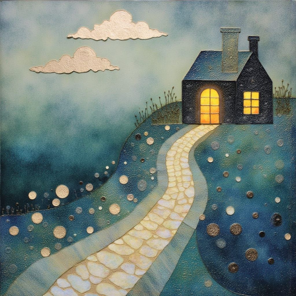 <lora:mixit:1.0> <lora:MJ Style:1.0> <lora:mmcollage:1.0> <lora:Scratch Art:1.0> Sea_witch's_lonely_glowy_nacreous_seaside_cottage with_lit_...