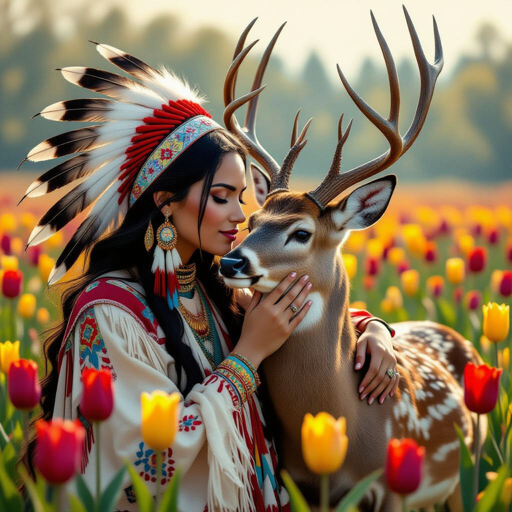 A beautiful American Indian lady is showing affection to a Deer