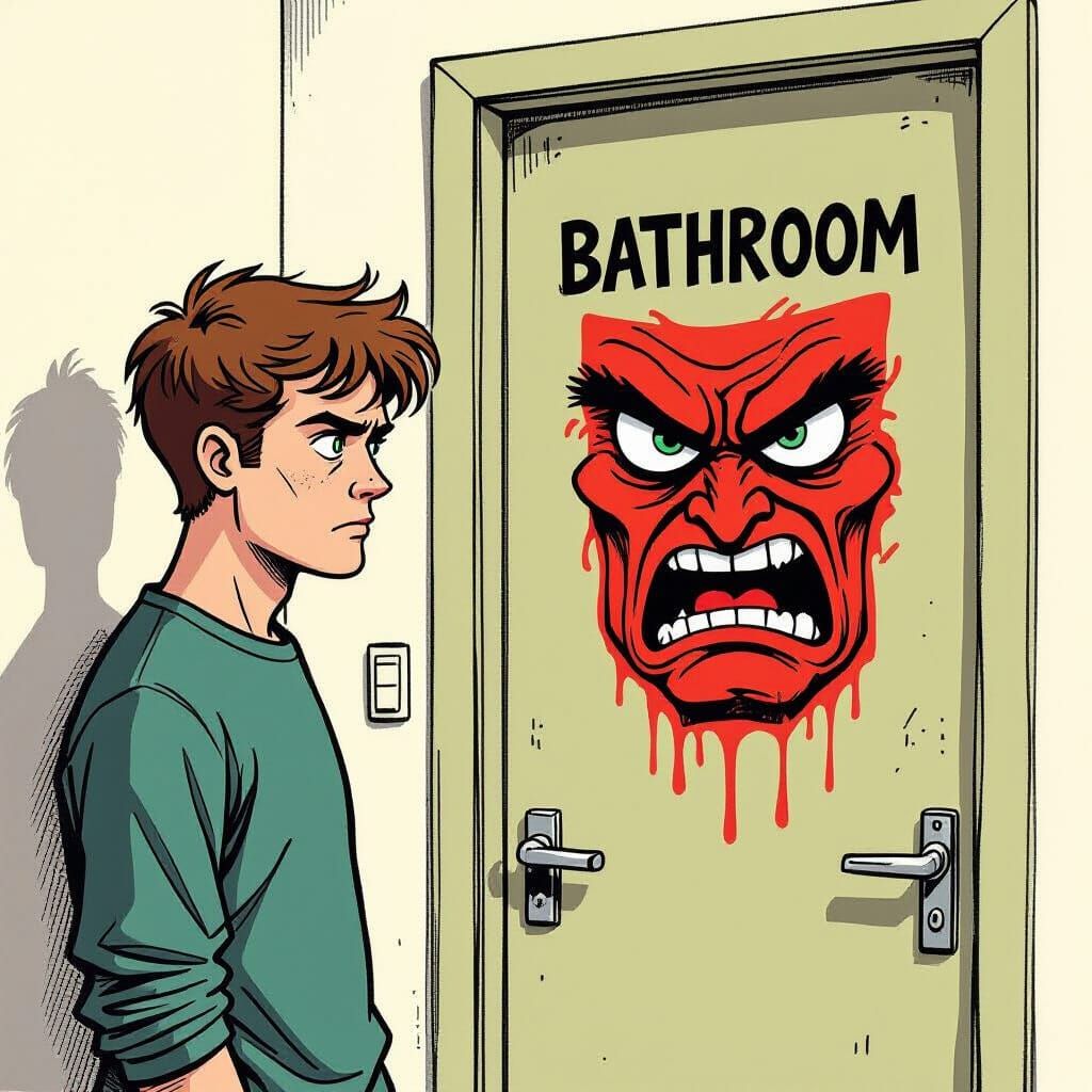 Man Faces Angry Bathroom Door in Dramatic Illustration