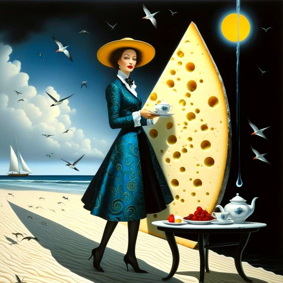 Surrealistic Portrait of a Happy Lady in a Fantastical Scene