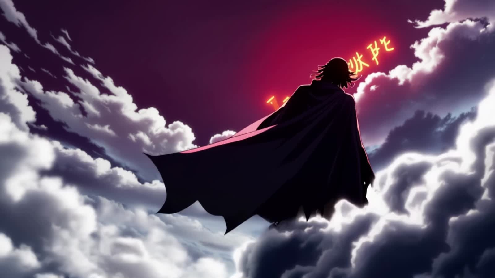 Epic anime-style scene, dark stormy cloud background glowing red with fiery highlights, a tall hooded figure with dreadl...