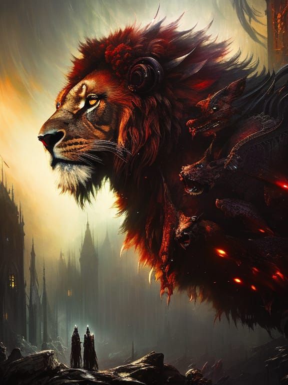 evil blood firstly lion, a creature of nightmares, horror, shadows, detailed lighting, gloomy, winery ...  by @Gettafix