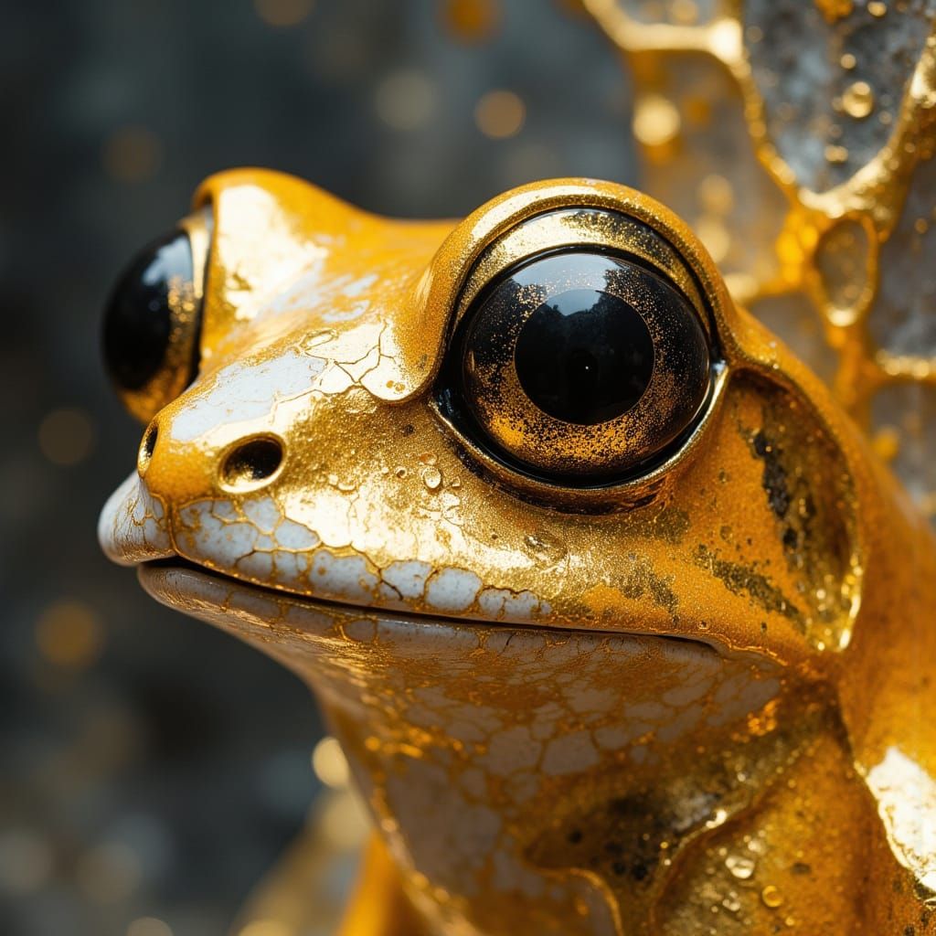 Golden Frog Sculpture with Cracked, Weathered Skin