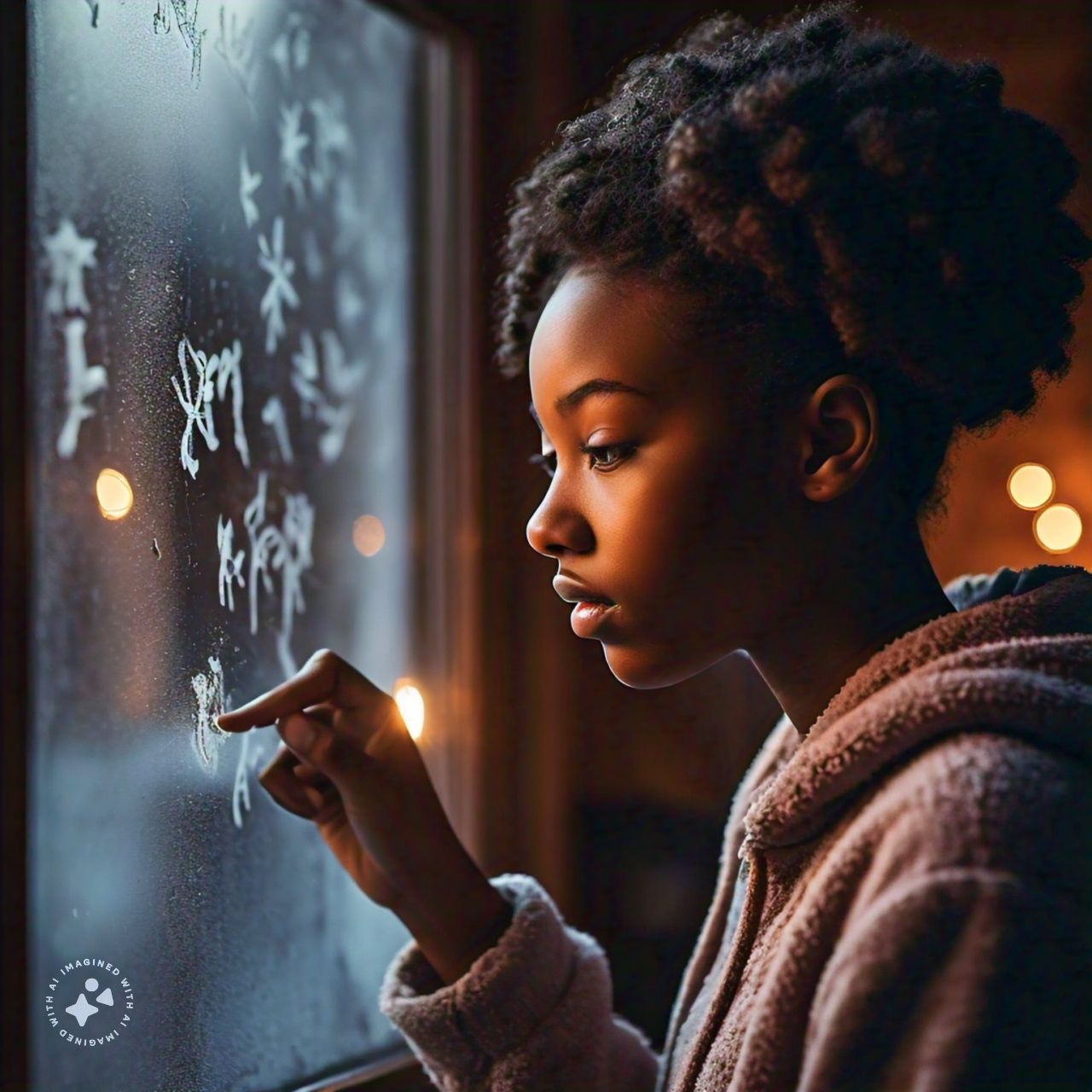 Teenager writes on frosty window with her finger