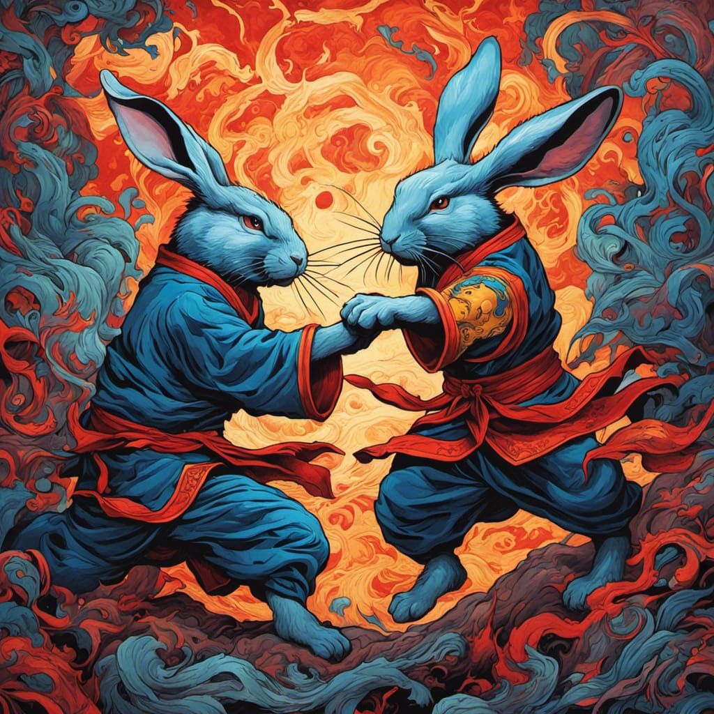 two kung fu bunnies fighting, comic book style, by Android Jones ...