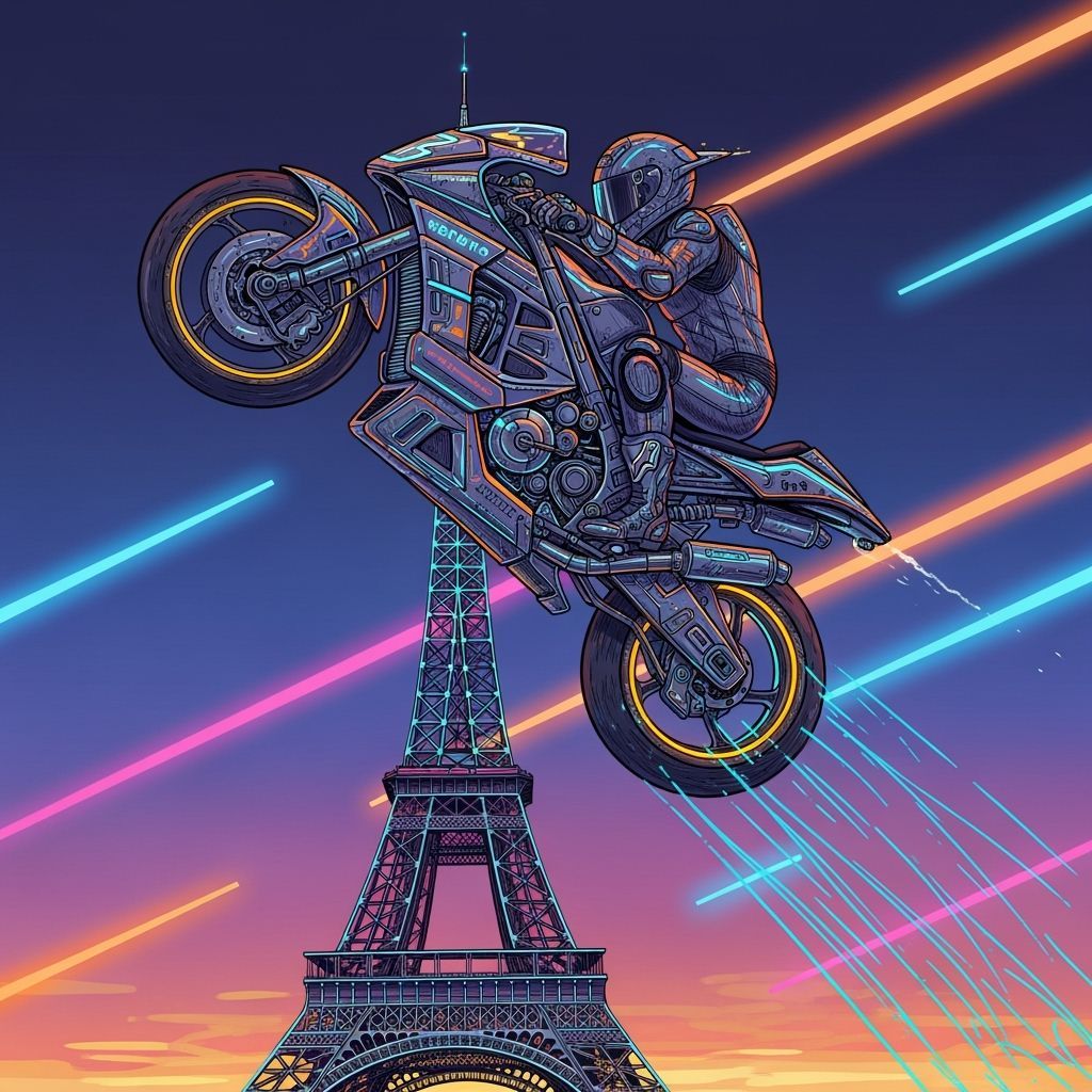 Motorcycle Wheelie Over Eiffel Tower in Futuristic Style