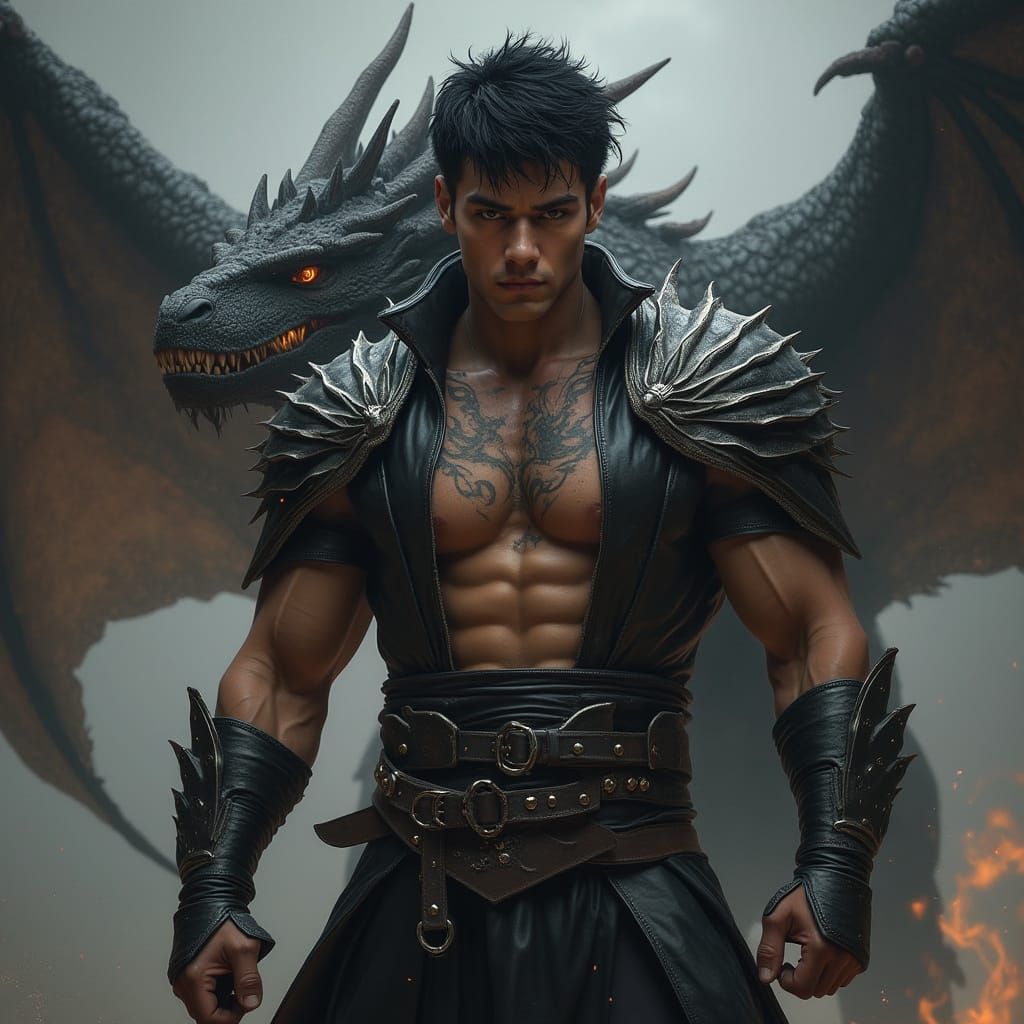 Fierce Dragon Warrior in Dark Fantasy Style