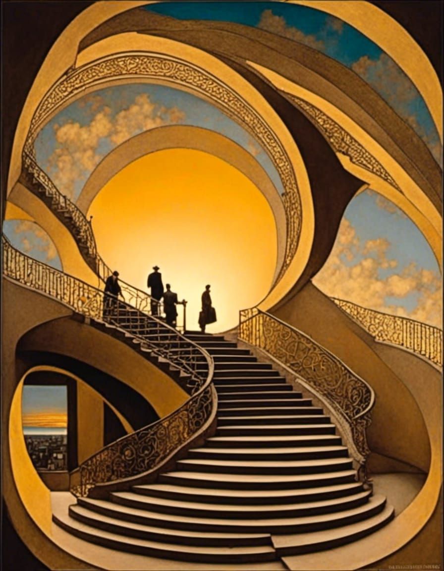 golden shimmer, gilded sunset, sparkling celestial sky, disorienting staircase, winding road, people walking,windows, levels, upsidedown <lo...