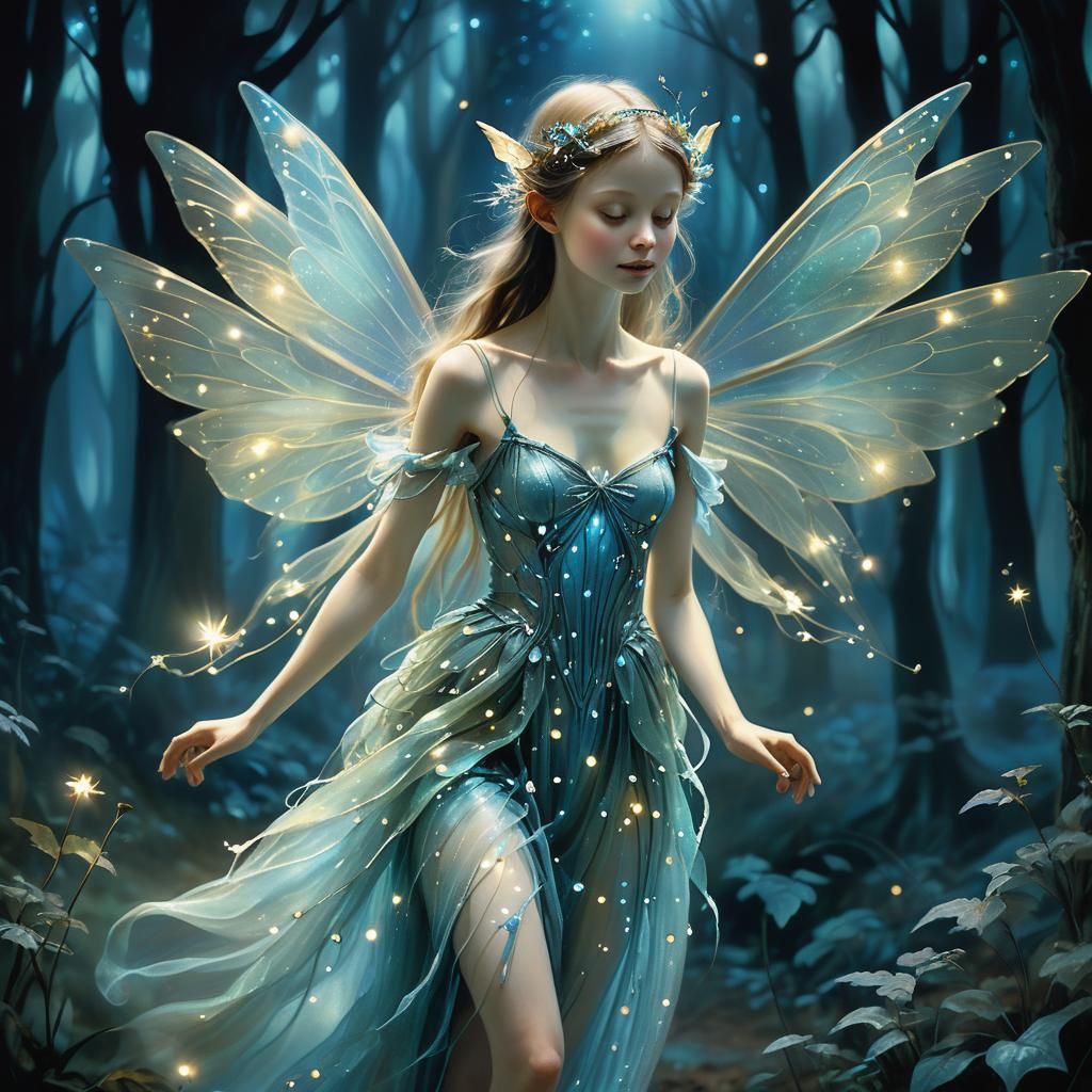 Fairy in Bioluminescent Dress in Enchanted Forest